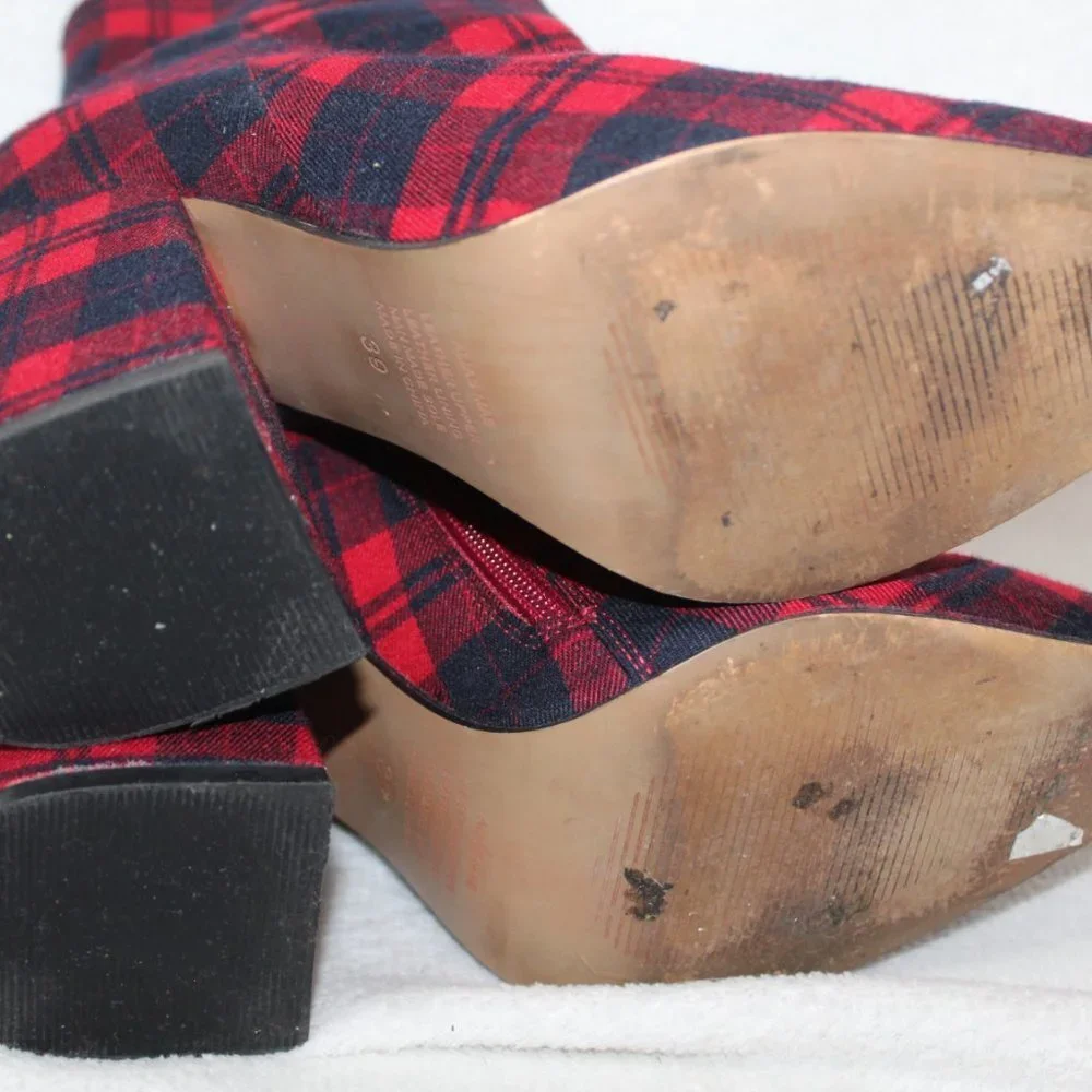 Alias Mae women's booties size 39 red tartan plaid block heel pointed toe zip up